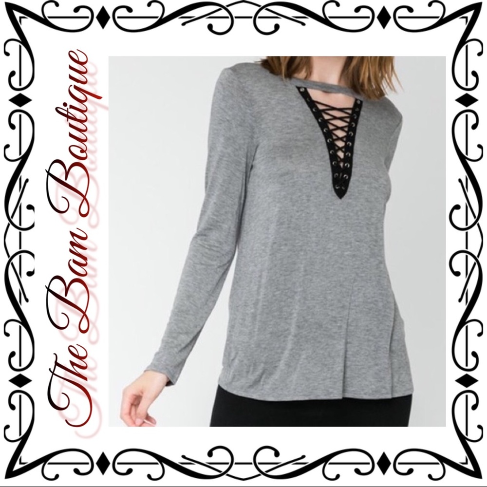 Heather Gray & Black Lace-Up V-Neck Top
